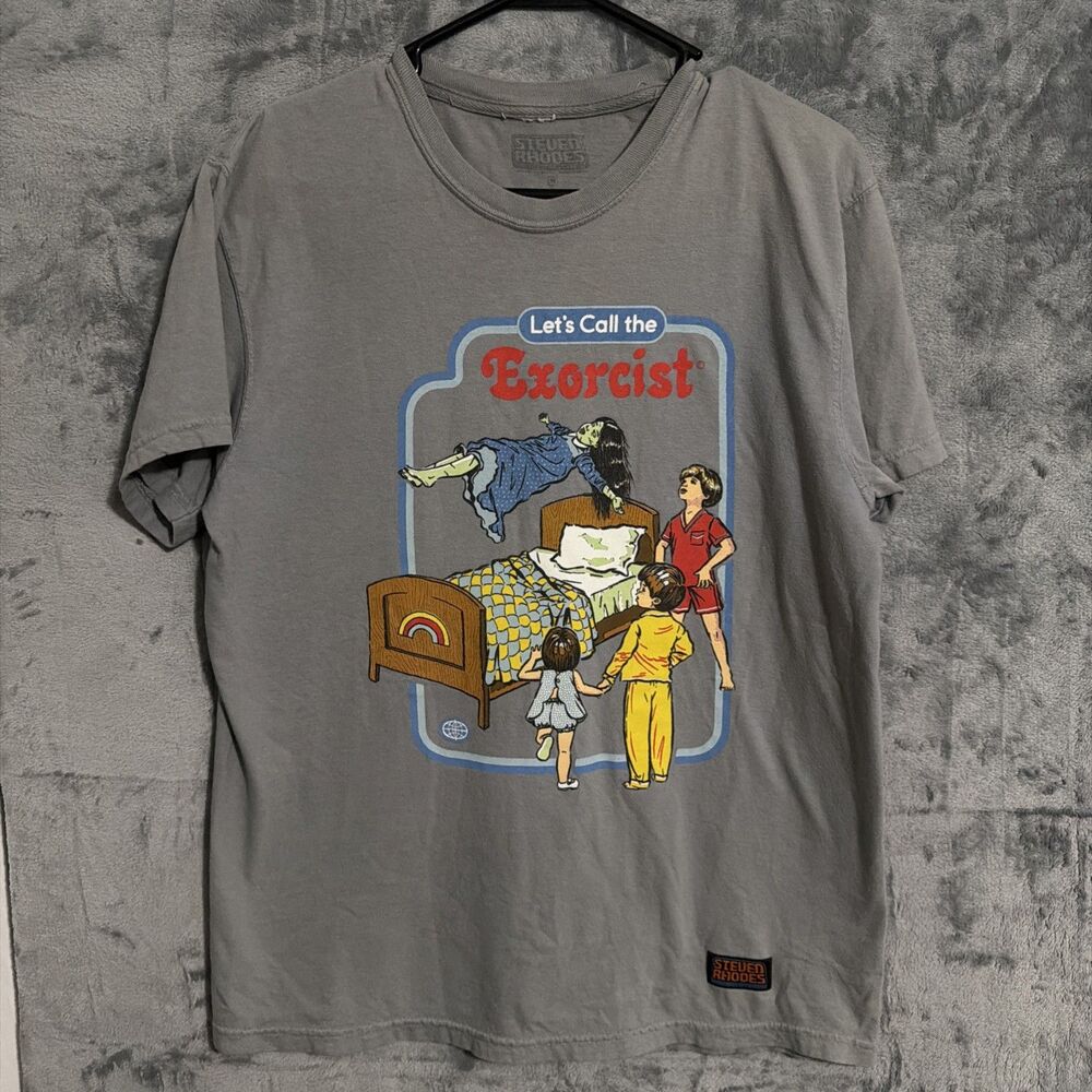 Steven Rhodes "Let's Call the Exorcist" T-Shirt Men's Medium Gray Horror Funny